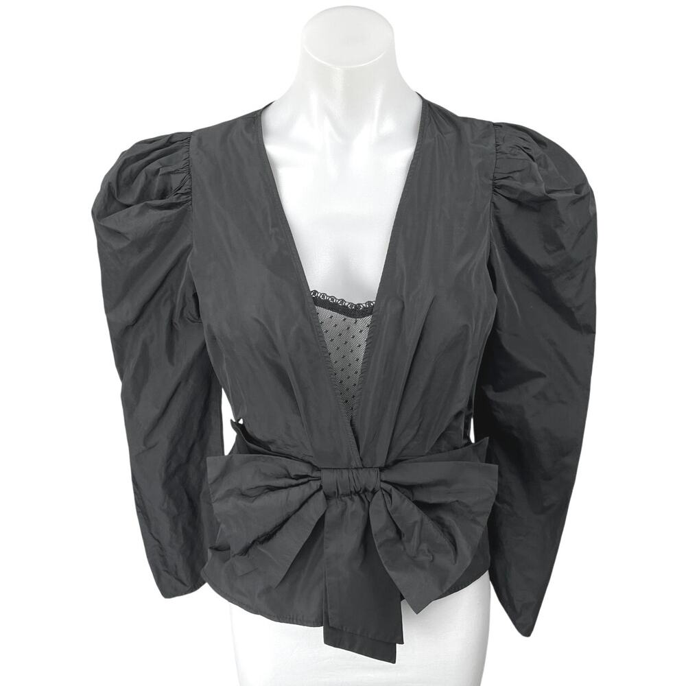 Zara Women's Black Puff Sleeve Surplice V-Neck Bow Peplum Blouse Top Size XS